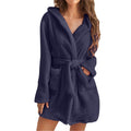 Dark Blue 2XL Size Women's Ultra-Thick Plush Robe with Large Hood & Pockets - Warm Winter Double-Layer Sherpa Fleece Lounge, Bathrobe & Nightwear
