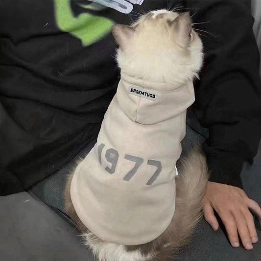 2-Pack M sizeTrendy Pet Hoodie with "1977" Print - Warm Winter Wear for Cats and Small Dogs - with Plush Lining - Beige and Dark Grey