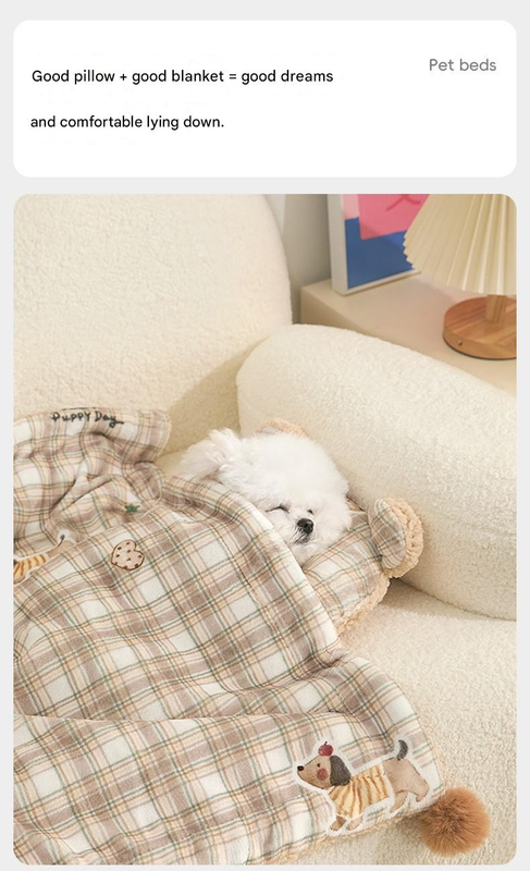 L size 2-Piece Plaid Apple Pet Blanket and Pillow Set - Soft Cotton Plush Sleeping Mat for Dogs and Cats, All-Season Reversible Cushion Bed with Cute Bear Pillow, Machine Washable Pet Bed Accessories