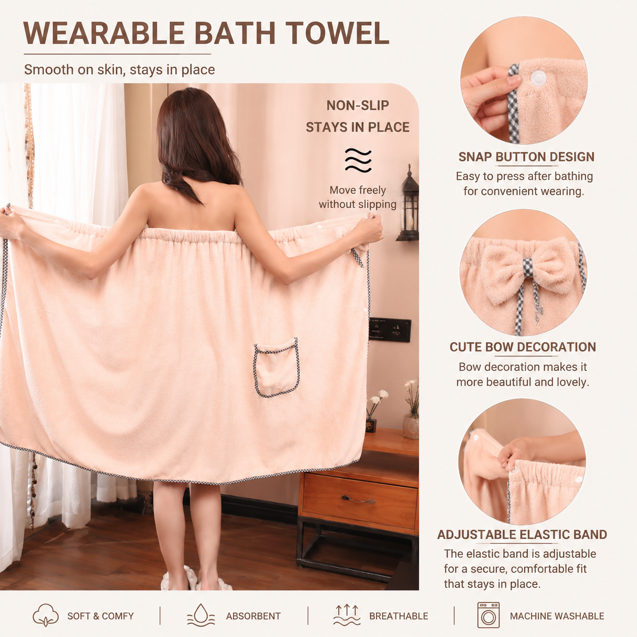 White Women's Coral Fleece Wearable Bath Towel Wrap - 80x140cm With Elastic Band, Snap Button and Pocket for Home Spa Travel