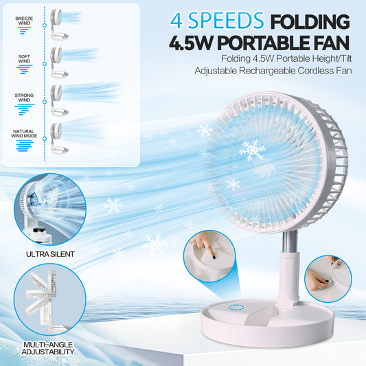 Folding Telescopic 4.5W Portable Height/Tilt Adjustable Rechargeable Cordless Fan.