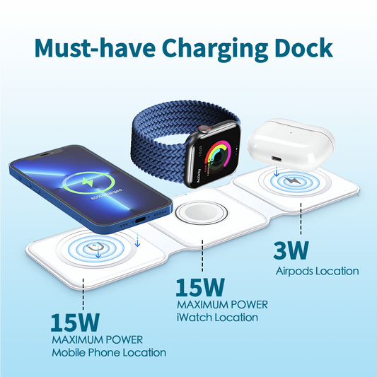 3 in 1 Wireless 15W Qi Fast Charging Foldable Station for Apple Mag Safe.