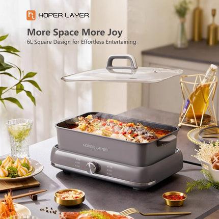 HOPER LAYER Electric Hot Pot 6L â Multifunctional Nonstick Cooker with Grill, Boil, Simmer & Fry Modes 2000W Power, Square Removable Pot.
