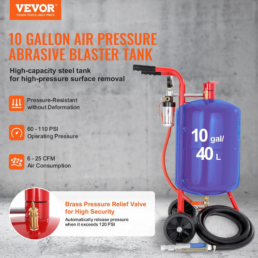 10Gal/40L Sandblaster Equipped w/Nozzle Shut-Off Valve Pressure Gauge Ceramic Nozzle Rubber Wheels Grit Power Sand Blasters Portable Sandblasting Equipment
