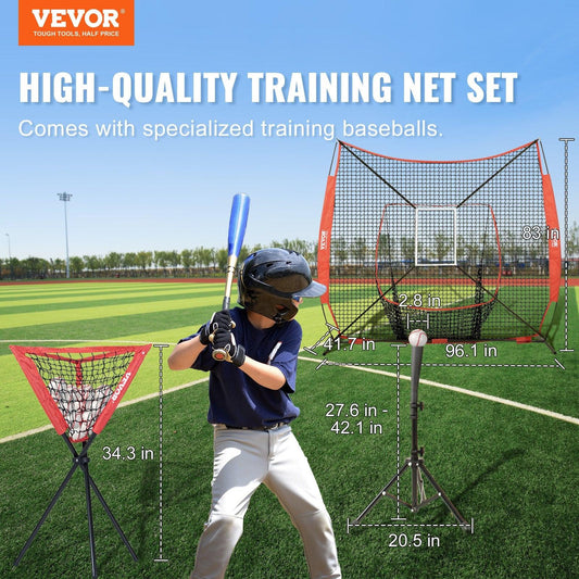 7x7 ft Baseball Softball Practice Net, Portable Baseball Training Net for Hitting Catching Pitching, Backstop Equipment with Bow Frame, Carry Bag, Strike Zone, 12 Balls, Tee, and Ball Collector.