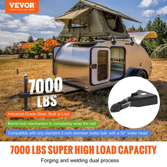 A-Frame Trailer Coupler, Fits 2-Inch Hitch Ball Size, 7000 lbs Towing Capacity, Heavy Duty Steel Coupler, Ideal for Towing Station Wagons, Pickup Trucks, SUVs, Campers, Black Coating Surface.