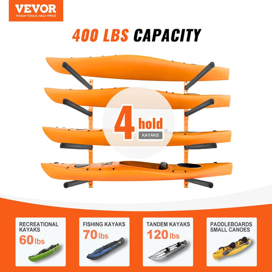 Wall Kayak Storage Rack, 4-Capacity Wall Mounted Kayak Holders for Kayak Canoe Paddle Board, Kayak Storage Hooks with Adjustable Padded Arms, 181.6 KG Load Kayak Hanger for Indoor Outdoor Garage.