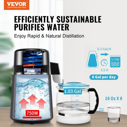 Water Distiller, 4L 1.05 Gallon Pure Water Purifier Filter For Home Countertop, 750W Distilled Water Maker, Stainless Steel Interior Distiller Water Making Machine to Make Clean Water, Gray.