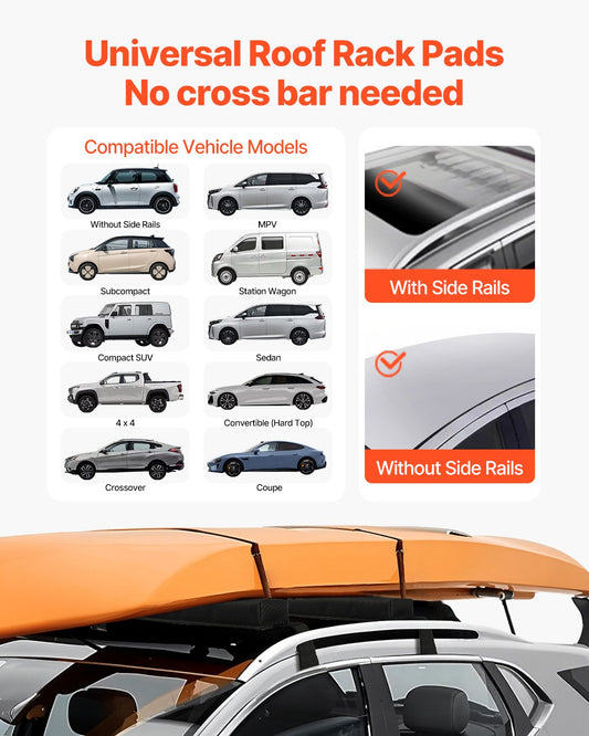 Soft Roof Rack Pads 15.5in 176lbs Load Capacity for Kayak Canoe Surfboard.