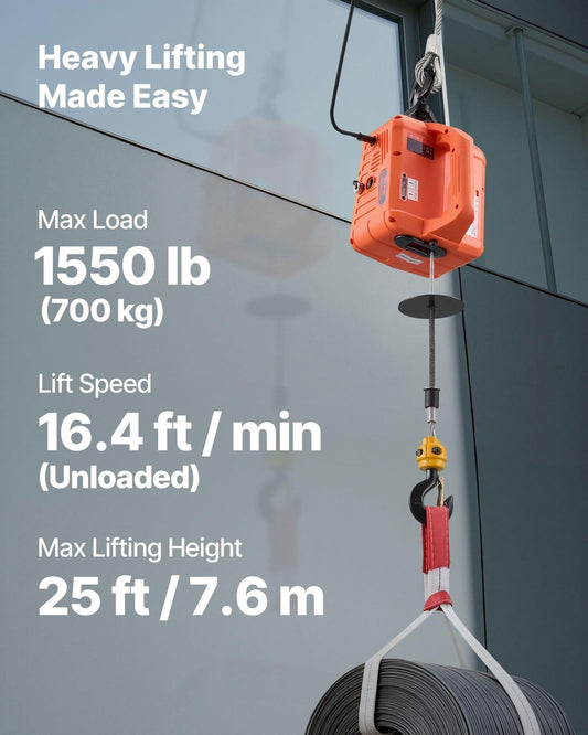 3-in-1 Electric Hoist Winch, 700 kg Capacity, 1500W Portable Power Winch Crane, 7.6 m Lifting Height, 5 m/min with Manual, Wired and Wireless Remote Control for Factory, Warehouss, Garage.
