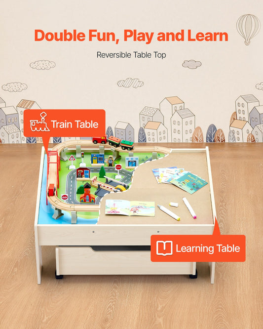 Train Table 100 PCS Wooden Kids Activity Table with Rolling Storage Drawer.