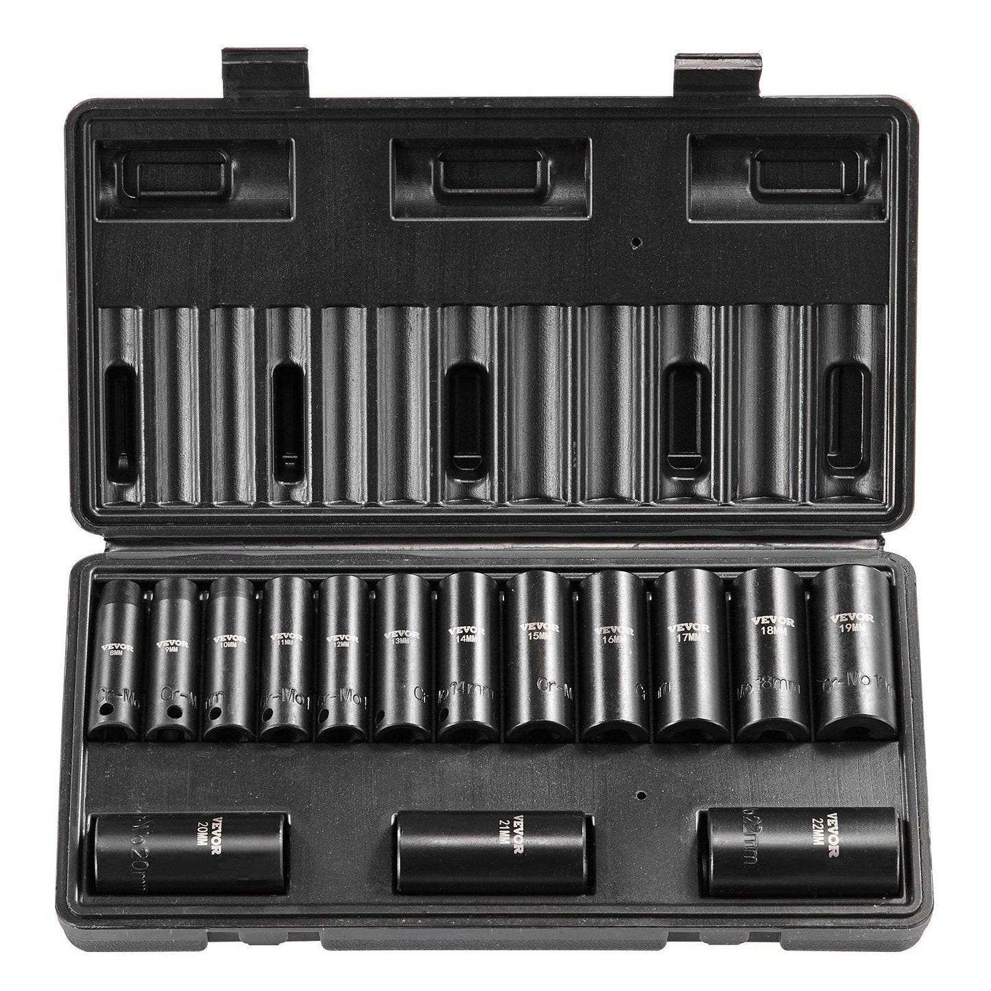 3/8" Drive Impact Socket Set, 15 Piece Deep Socket Set Metric 8-22mm, 6 Point Cr-Mo Alloy Steel for Auto Repair, Easy-to-Read Size Markings, Rugged Construction, Includes Storage Case.