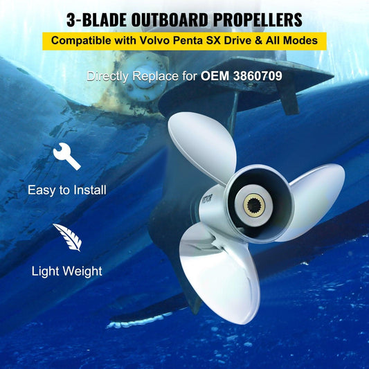 Outboard Propeller, Replace for OEM 3860709, 3-Blade 14.5\" x 21\" Pitch Steel Boat Propeller, Compatible with Volvo Penta SX Drive All Models, with 19 Tooth Splines, RH.