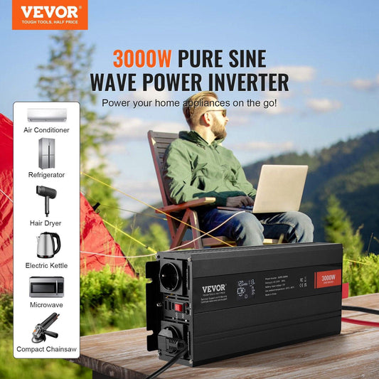 Pure Sine Wave Inverter, 3000 Watt, Power Inverter with 2 AC Outlets 2 USB Port 1 Type-C Port, LCD Display and Remote Controller for Large Home Appliances, CE FCC Certified.