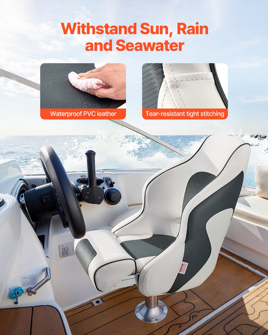 Boat Seat, High Backrest, Flip Up Boat Seat Captain Bucket Seat with Thickened Sponge Cushion & Waterproof PVC Leather, Ergonomic Design, Folding Boat Seat for Boats, Yachts, Ships, White & Grey.