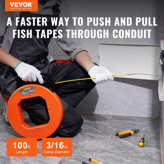 Fish Tape, 100 ft, 3/16-inch, Fiberglass Wire Puller with Optimized Housing and Handle, Easy-to-Use Cable Puller Tool, Flexible Wire Fishing Tools for Wall and Electrical Conduit, Non-Conductive.