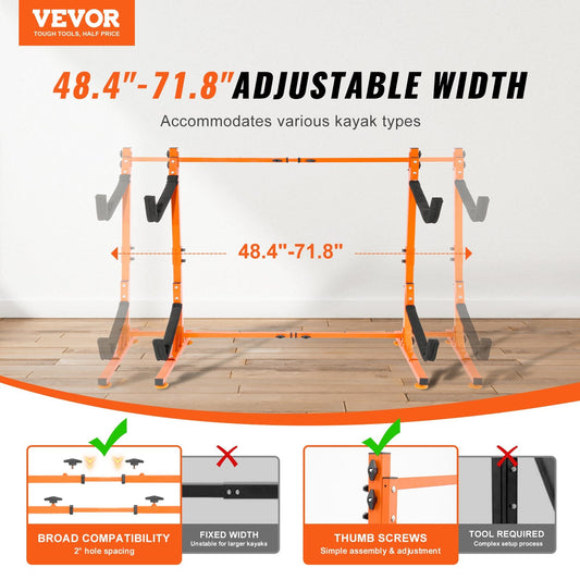 Freestanding Kayak Storage Rack, Kayak Stand for 2 Kayak Canoe Paddleboard, Heavy-duty Steel Kayak Hanger Holder with Padded Arms and Adjustable Width, 79.5kg Max Load, for Indoor Outdoor Garage.