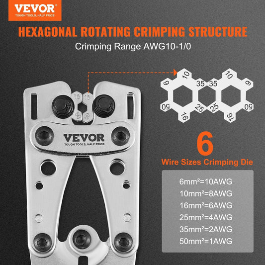 Battery Cable Lug Crimping Tool, 10-1/0AWG with Cable Cutter and 95PCS Copper Ring Terminals, 6 Wire Sizes Crimping Die and 100pcs Heat Shrink Tubes, for Heavy Duty Wire Lugs.