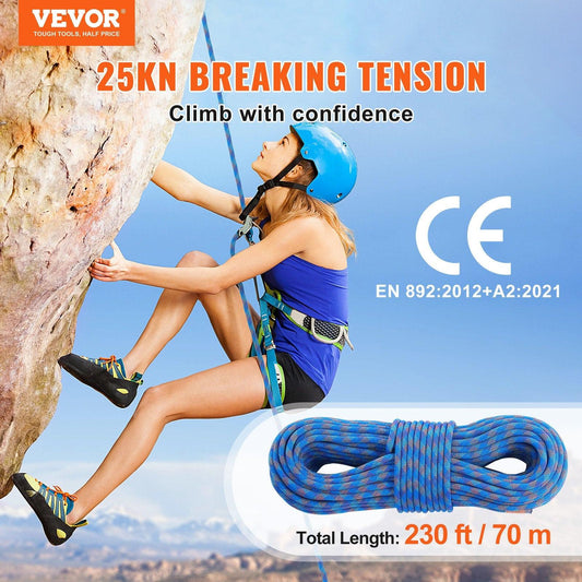 10.2mm Dynamic Climbing Rope, 70M(230ft) Outdoor Rock Climbing Rope 25KN Breaking Tension, Stretchable Fiber Rope with Steel Snap Hooks for Escape, Rappelling, Fire Rescue, Blue.