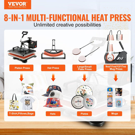 1400W Heat Press Machine 8 In 1 Sublimation Steel Frame Heat Presses with Temperature And Time Control (12X15INCH 8IN1).