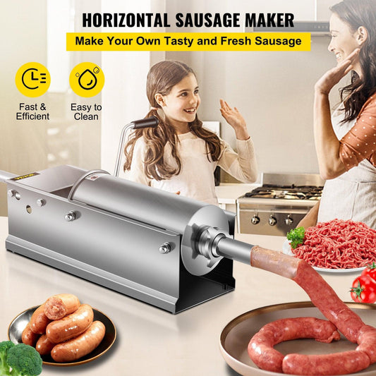 Manual Sausage Stuffer, 5 L / 11 LBS Horizontal Sausage Machine, Dual-Speed Meat Stuffer, Made of Food-Grade 304 Stainless Steel, Includes 5 Stuffing Tubes, for Home Kitchen Restaurant Commercia.