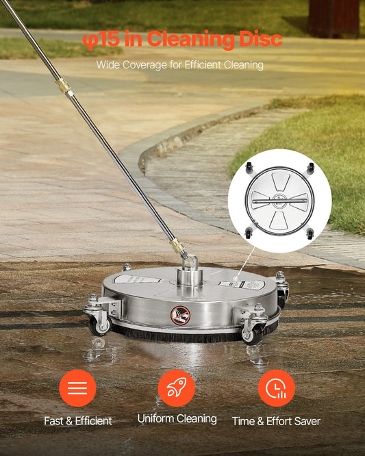 15" Pressure Washer Surface Cleaner 4 Wheels 4000 Max PSI 2 Extended Wands