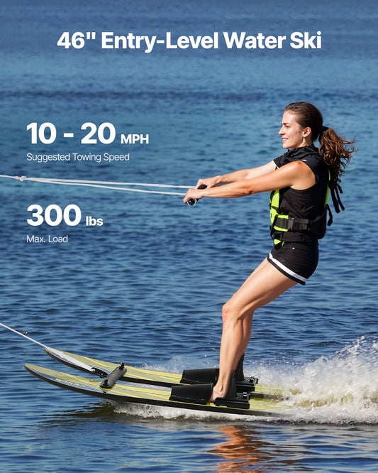 Water Skis 116.8 cm / 46 inch, Water Ski Trainers with X-7 Adjustable Bindings, Double-Handle Rope & Removable Stabilizing Bar, Training Waterskis Combo for Youth Up to 136 kg.