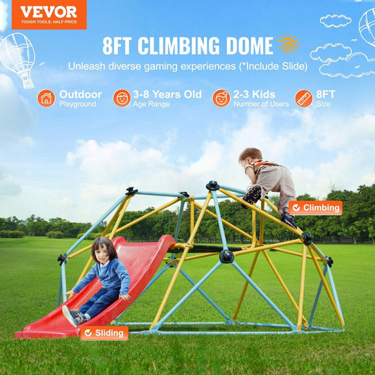 Climbing Dome, 8FT Geometric Dome Climber with Slide, for Kids 3 to 9 Years Old, Jungle Gym Supports 600LBS and Easy Assembly, with Climbing Grip, Outdoor and Indoor Play Equipment for Kids.