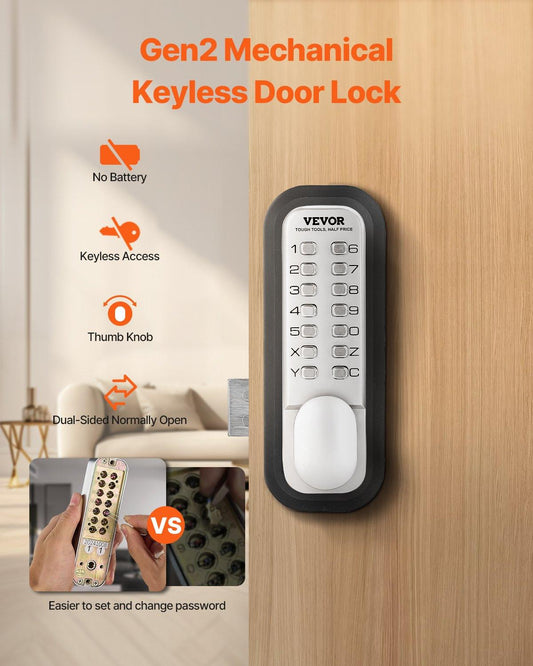 Mechanical Keyless Entry Door Lock, 14 Key Mechanical Door Lock, Mechanical Keypad Door Lock with Adjustable Thumb Knob, Single-Side Zinc Alloy Waterproof Keyless Gate Lock, for Home Office.