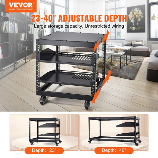 9U Open Frame Server Rack, 584.2 to 1016 mm Adjustable Depth, Free Standing or Wall Mount Network Server Rack with 360° Casters, Heavy Duty 4 Post Holds All Your Networking IT Equipment AV Gear.