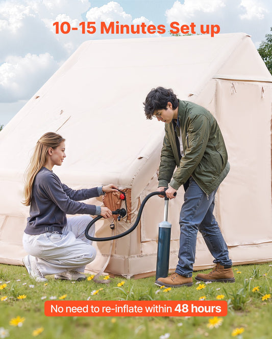 Inflatable Tents for Camping, 3-5 Person Easy Setup Blow up Tent with Hand Pump, 300D Oxford 4 Season Glamping Tent with Canopy, Stove Jack, 2 Doors & 2 Mesh Windows (Storage Bag Included).