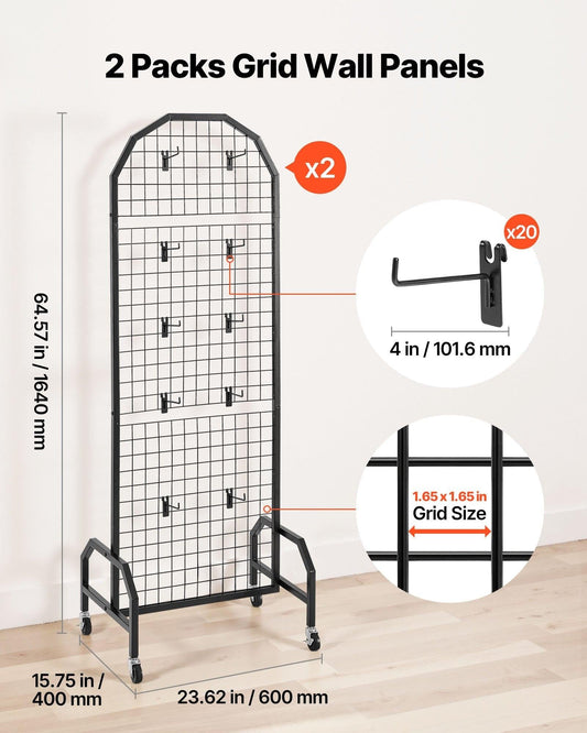 2 Packs Grid Wall Panels, 600 x 1640mm Wire Grid Panels Display Rack, Movable Art Display Shelf with Wheels and 20 Hooks, Black Carbon Steel Gridwall for Craft Show, Decor, Storage, Notice Board.