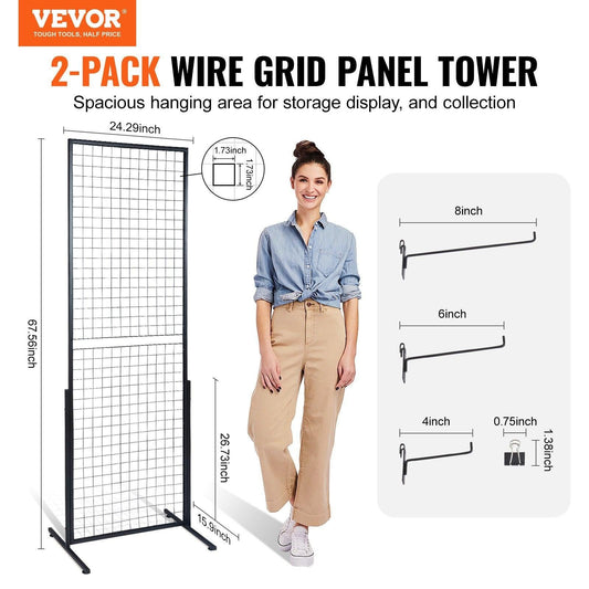 2' x 5.6' Grid Wall Panels Tower, 2 Packs Wire Gridwall Display Racks with T-Base Floorstanding, Double Side Gridwall Panels for Art Craft Shows, Retail Display with Extra Clips and Hooks.