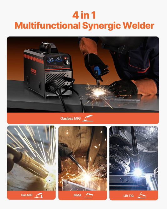 MIG Welder, 160A Synergic Mig Welding Machine, 4-in-1 Gas MIG/Flux Core MIG/Stick/Lift TIG Multi-Process Welder Machine with IGBT Inverter Technology and LCD Screen Display.