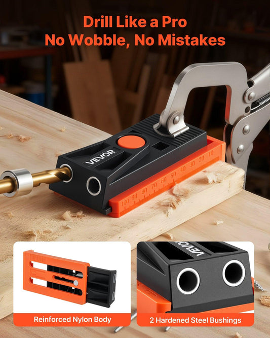 Pocket Hole Jig Kit, 12.7 to 38.1 mm Adjustable, Mini Jig Pocket Hole System with Step Drill, Hex Wrench, Drill Stop Ring, Square Drive Bit, and Screws, Reinforced Nylon Frame, for Woodworking.