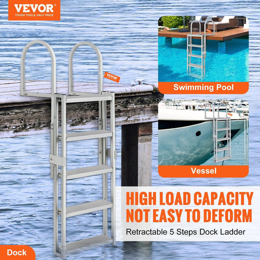 Dock Ladder, Retractable 5 Steps, 350 lbs Load Capacity, Aluminum Alloy Pontoon Boat Ladder with 66.9''-78.9'' Adjustable Height, 4'' Wide Step & Mat, for Ship/Lake/Pool/Marine Boarding.