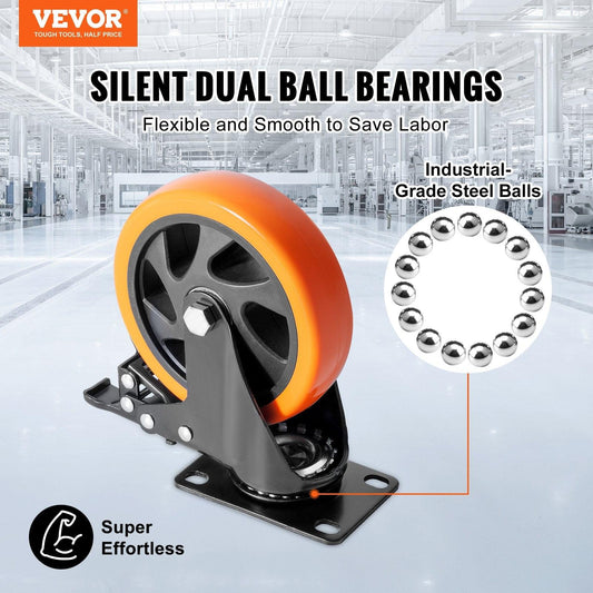 Caster Wheels, 127 mm Swivel Plate Casters, Set of 4, with Security A/B Locking No Noise PVC Wheels, Heavy Duty 204 kg Load Capacity Per Caster, Non-Marking Wheels for Cart Furniture Workbench.