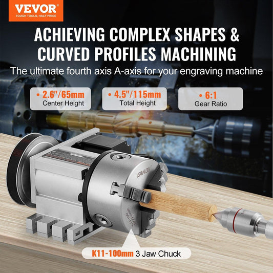 Dividing Head, K11-100mm 3-Jaw Chuck, CNC Router Milling Machine Rotational Axis 4th Axis A Axis Indexing Head, 65 mm Center Height MT2 Tailstock 6:1 Gear Ratio, Universal for Engraving.