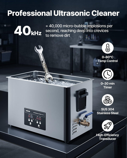 30L Ultrasonic Cleaner, Professional Ultrasonic Cleaner Machine with Cleaning Basket & Digital Display, 480W Stainless Steel 40kHz Industrial Cleaning Machine for Parts, Carburetors, Instruments.