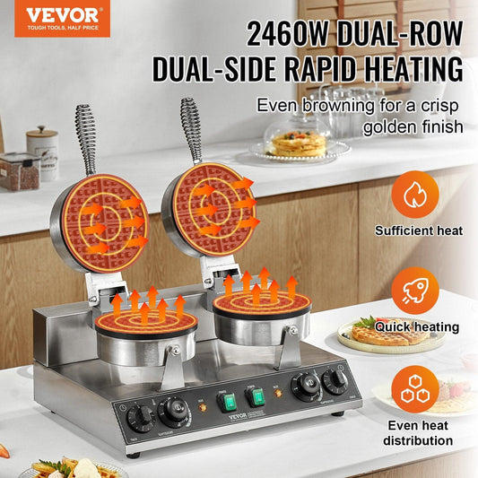 Commercial Waffle Maker, Dual-Head Round Waffle Baker Machine, 2460W Non-Stick Stainless Steel Belgian Waffle Iron with Temp and Time Control, Handle, for Restaurant Bakery Snack Bar Family.