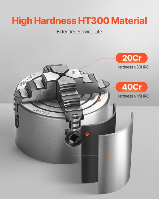 4-Jaw Lathe Chuck, 3 Inch (80 mm), 4-Jaw Chuck, 0.1-3.15 in (5-80 mm) Clamping Range with T-key Fixing Screws Reversible Jaws, HT300 Material, Internal External for Wood Metal Lathe.