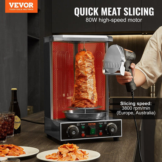 Electric Shawarma Knife, 80W Professional Turkish Kebab Knife, Commercial Stainless Steel Gyro Cutter, Doner Kebab Meat Slicer with 2 Blades, 100mm Blade Diameter, 0-8mm Adjustable Thickness.
