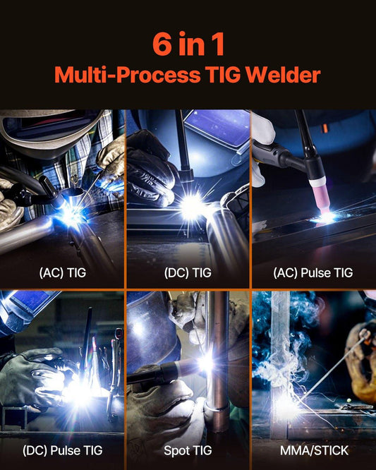 TIG Welder, 200A 6-In-1 Aluminum Welding Machine (LED Display) - AC TIG/DC TIG/AC Pulse TIG/DC Pulse TIG/Spot TIG/MMA(Stick), Electric Welder with Synergic Control IGBT.