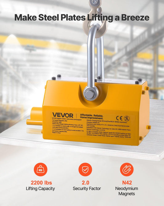 Permanent Magnetic Lifter, 1000 kg Pulling Capacity, Heavy Duty N42 Neodymium Lifting Magnet with Release Handle and Steel Hook, Used in Shop Crane and Hoist, for Lifting Plate Steel, Board.