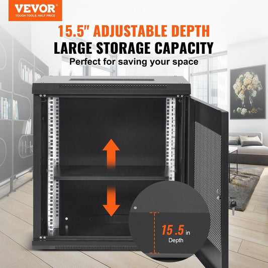 12U Wall Mount Network Server Cabinet, 15.5'' Deep, Server Rack Cabinet Enclosure, 200 lbs Max. Ground-mounted Load Capacity, with Locking Door Side Panels, for IT Equipment, A/V Devices.