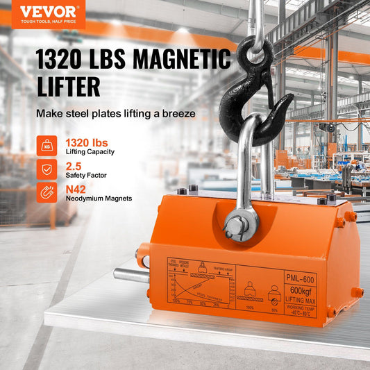 Magnetic Lifter, 600 kg Pulling Capacity, 2.5 Safety Factor, Neodymium & Steel, Lifting Magnet with Release, Permanent Lift Magnets, Heavy Duty Magnet for Hoist, Shop Crane, Block, Board
