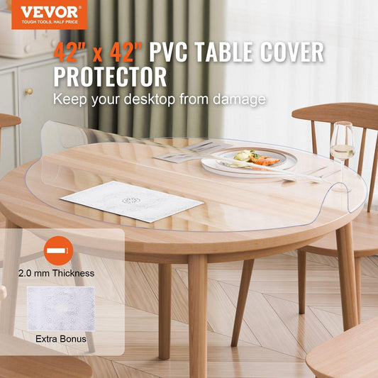 Plastic Table Cover, 42 x 42 Inch 2.0 mm Thick Clear Table Protector, Round PVC Desk Mat, Waterproof & Easy Cleaning Desk Pad Tablecloth, for Office Dresser Dining Room Table Night Stand.