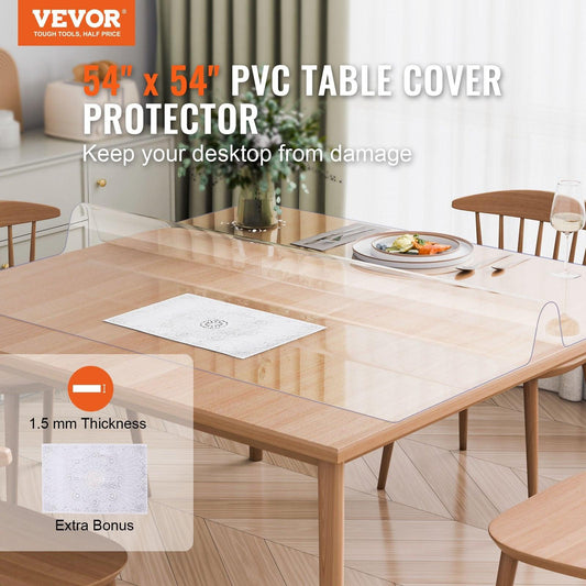 Plastic Table Cover, 54 x 54 Inch 1.5 mm Thick Clear Table Protector, Square PVC Desk Mat, Waterproof & Easy Cleaning Desk Pad Tablecloth, for Office Dresser Dining Room Table Night Stand.