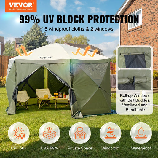 Pop Up Gazebo Tent, Pop-Up Screen Tent 6 Sided Canopy Sun Shelter with 6 Removable Privacy Wind Cloths & Mesh Windows, 12x12FT Quick Set Screen Tent with Mosquito Netting, Army Green.