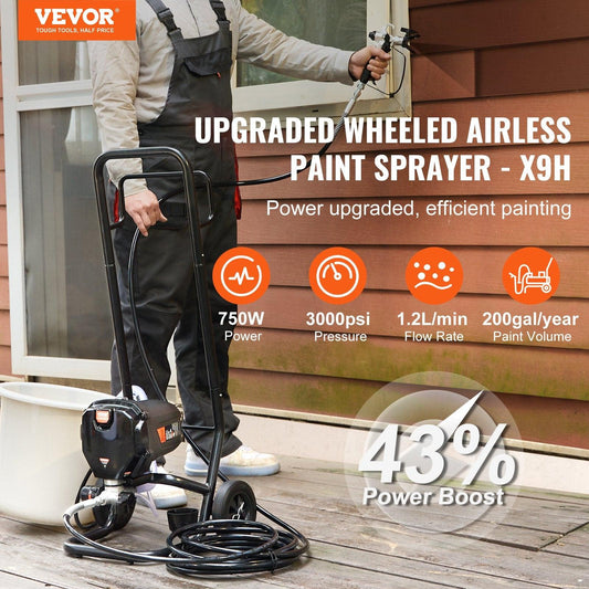 Stand Airless Paint Sprayer, 750W 3000PSI High Efficiency Electric Airless Sprayer With Cart, Fine And Even Painting Effect, Paint Sprayers for Home Interior and Exterior Furniture and Fences.